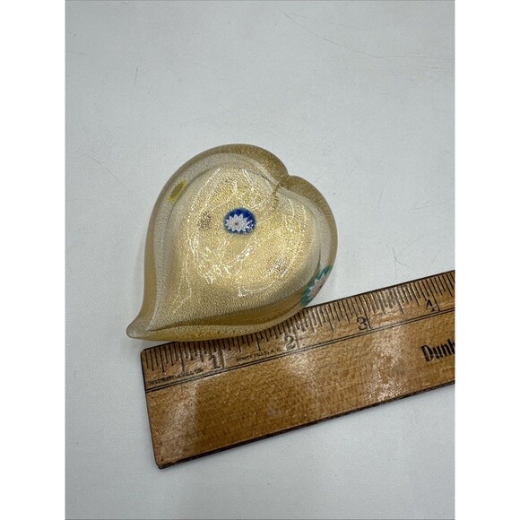 VTG MURANO GOLD AVENTURINE MILLEFIORI GLASS HEART SHAPED PAPERWEIGHT~XLNT COND - Picture 6 of 7